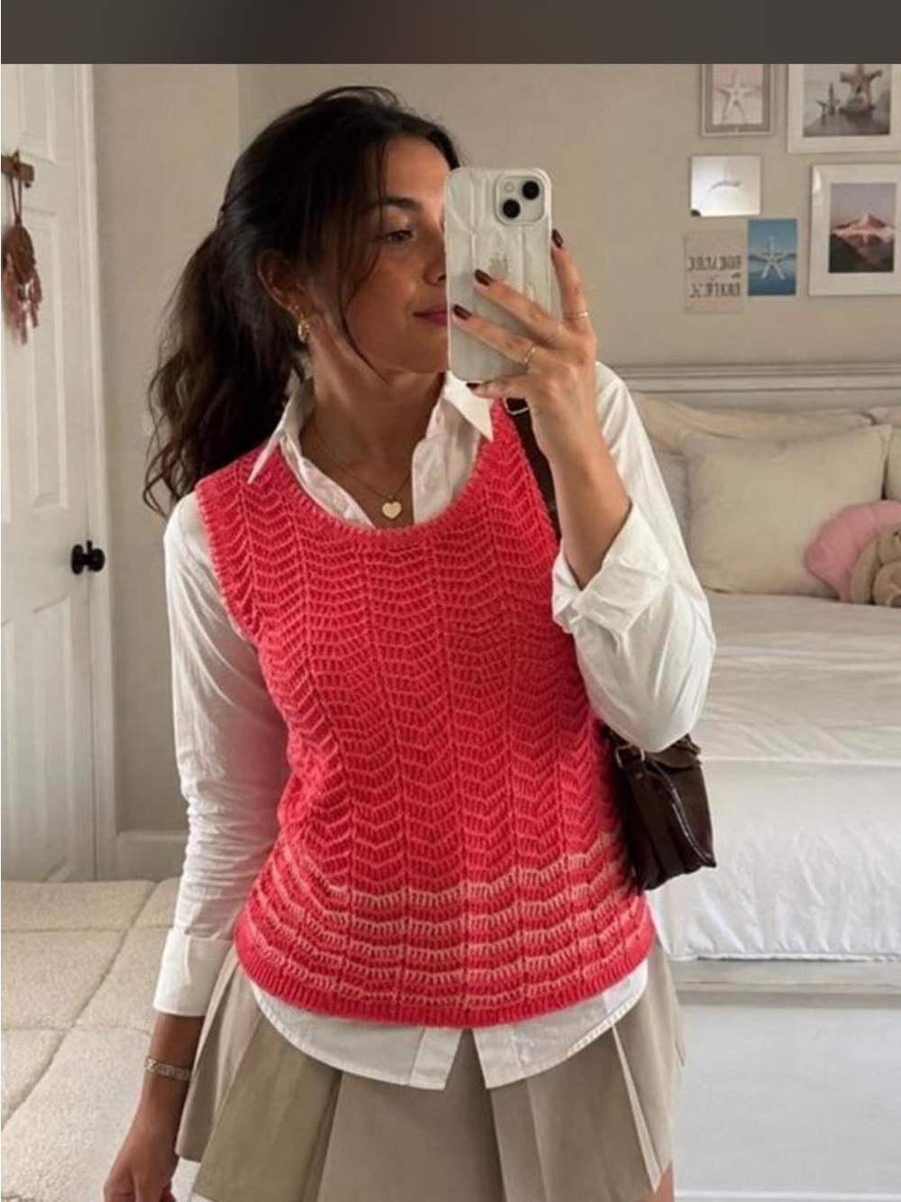 Preppy 2000s Wonder nation Coral-Gradient Open Knit V-Neck Sweater Vest
